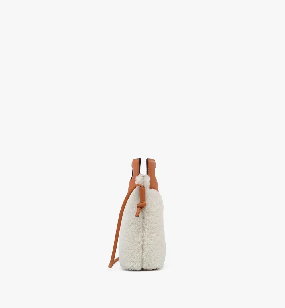 One Size Diamond Crossbody Pouch in Shearling and Calf Leather White