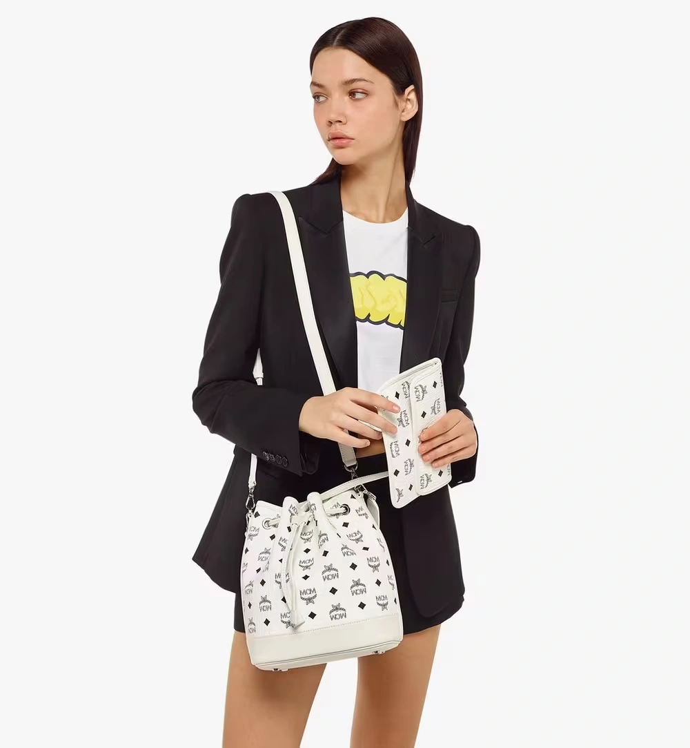 Medium Dessau Drawstring Bag in Visetos White