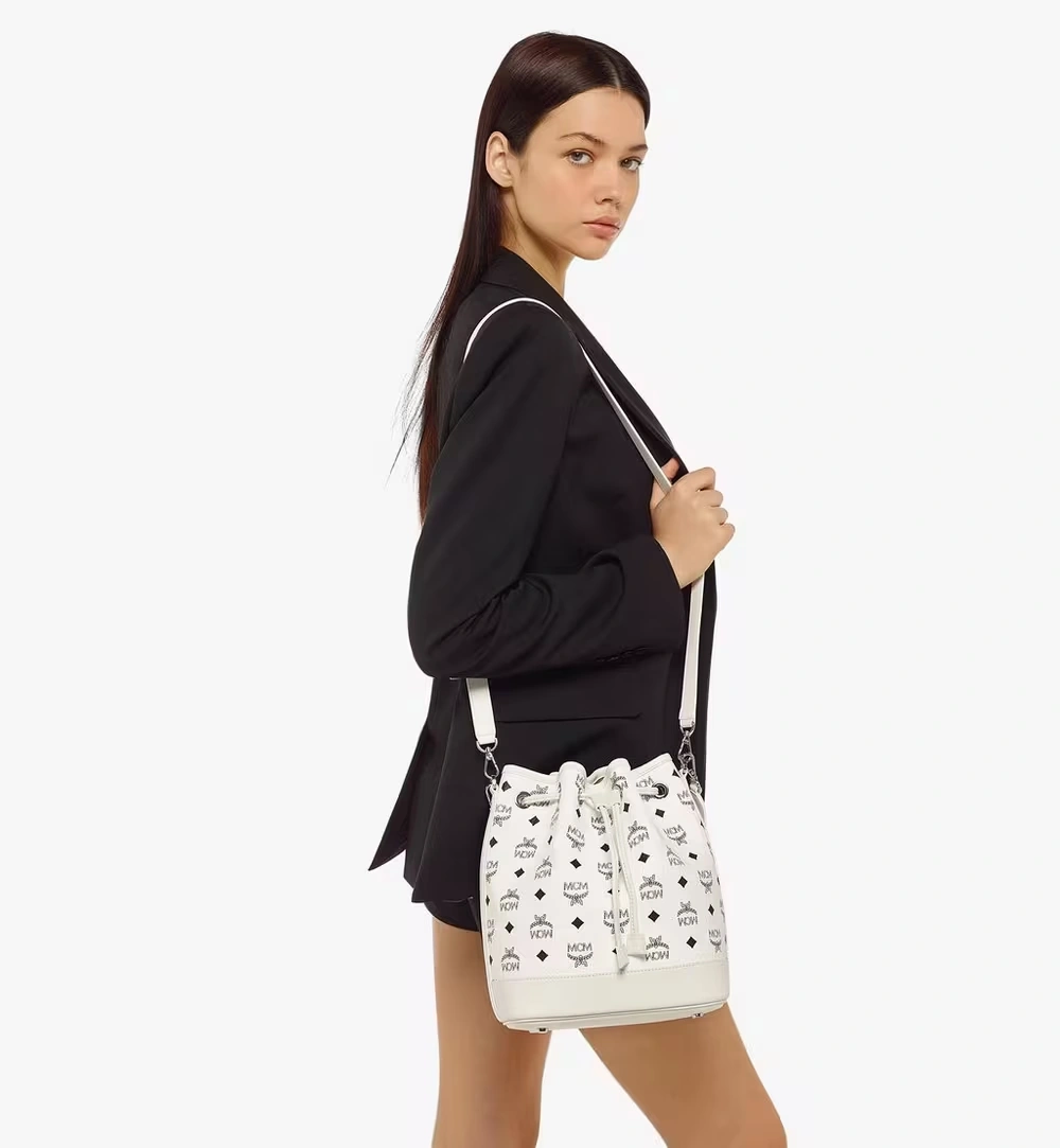Medium Dessau Drawstring Bag in Visetos White