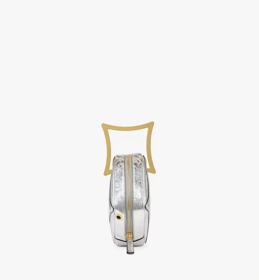 Mini Diamond Logo Crossbody in Metallic Calf Leather Silver
