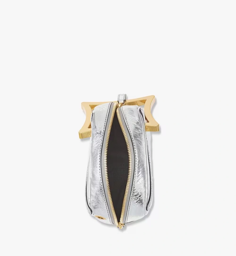 Mini Diamond Logo Crossbody in Metallic Calf Leather Silver