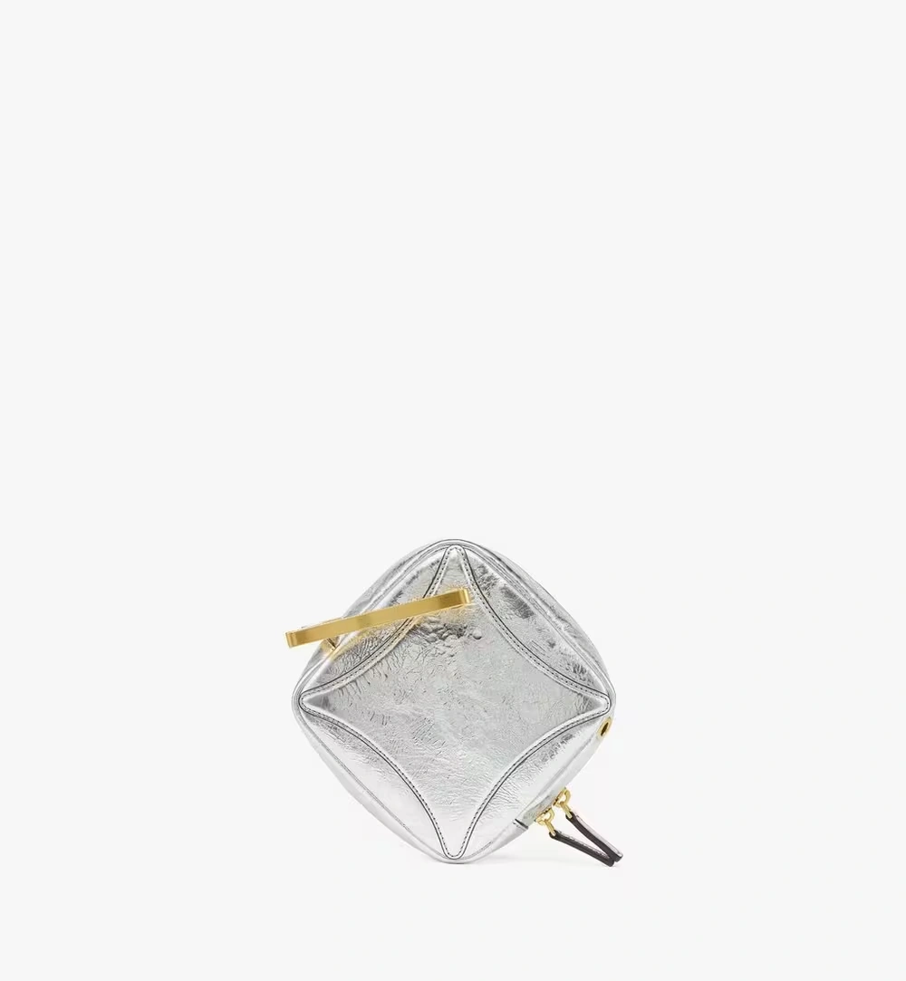 Mini Diamond Logo Crossbody in Metallic Calf Leather Silver