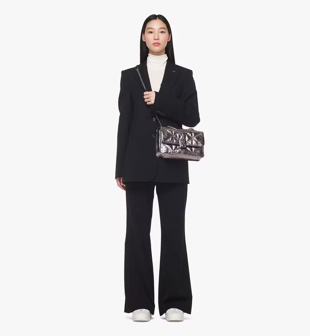 Small Travia Quilted Shoulder Bag in Crushed Calf Leather Silver