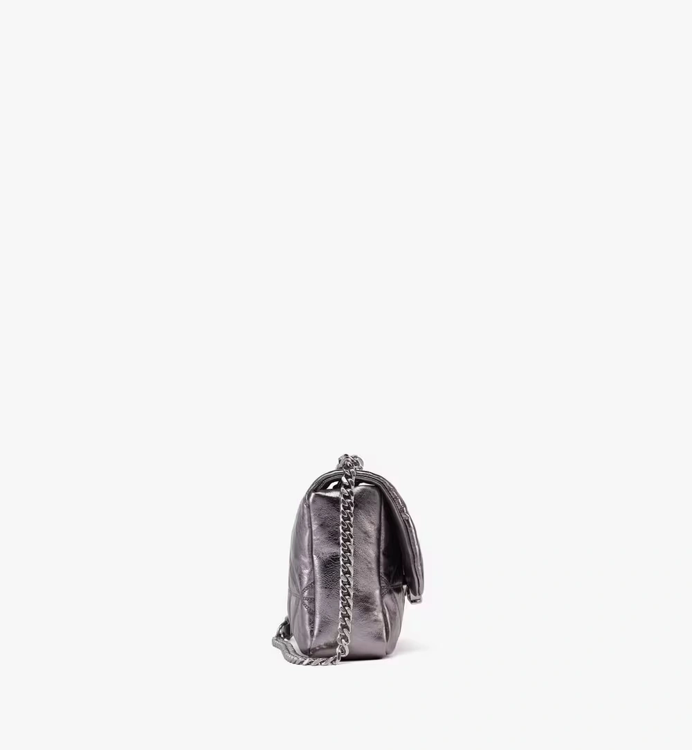 Small Travia Quilted Shoulder Bag in Crushed Calf Leather Silver
