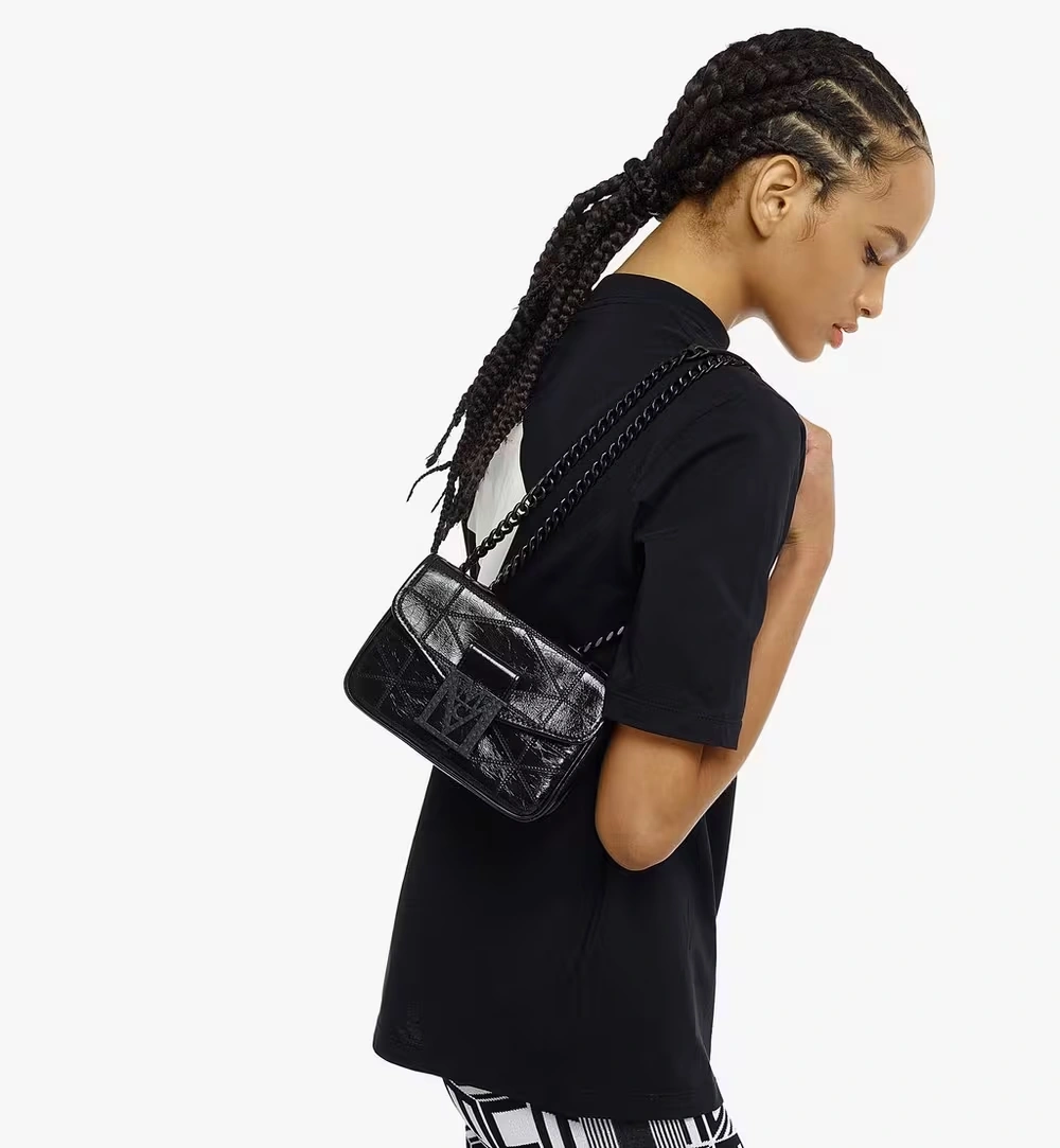 Mini Travia Quilted Shoulder Bag in Crushed Leather Black