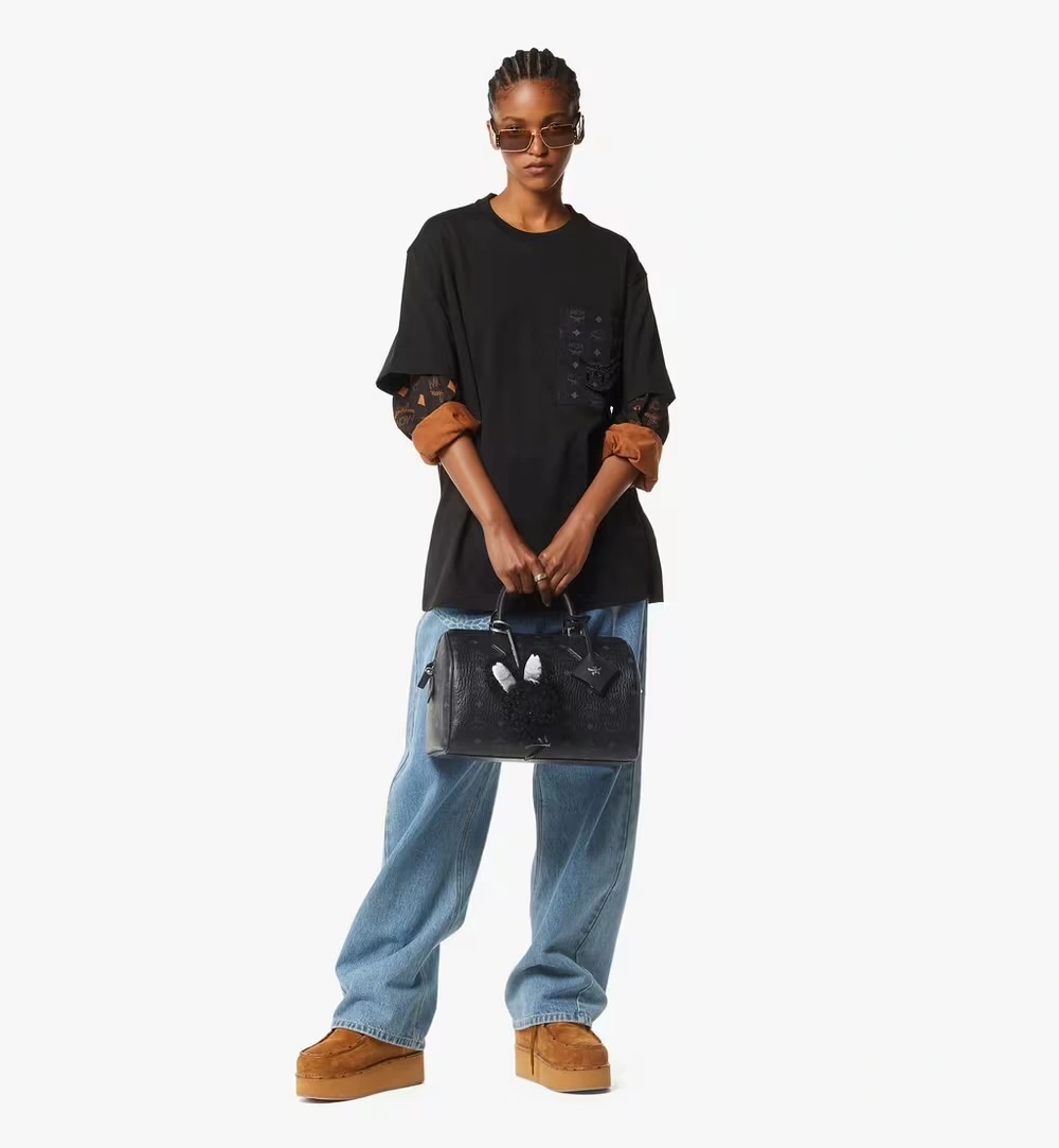 Medium Ella Boston Bag in Visetos Black