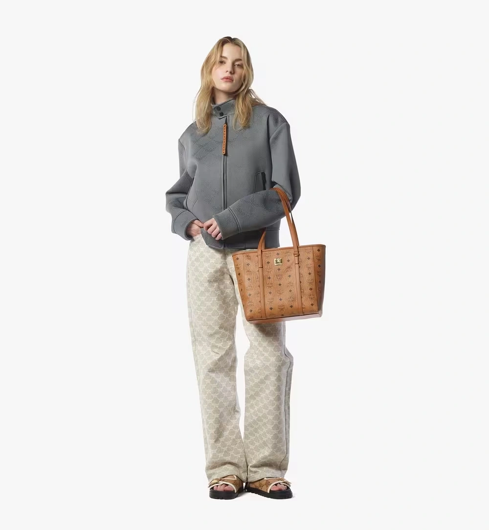 Small Toni Top-Zip Shopper in Visetos Cognac