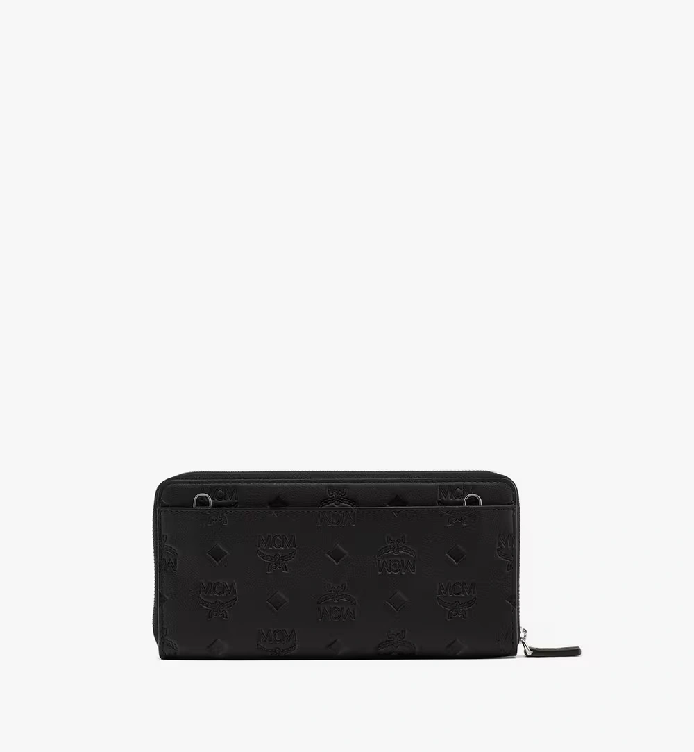 Large Aren Chain Zip Around Wallet in Embossed Monogram Leather Black