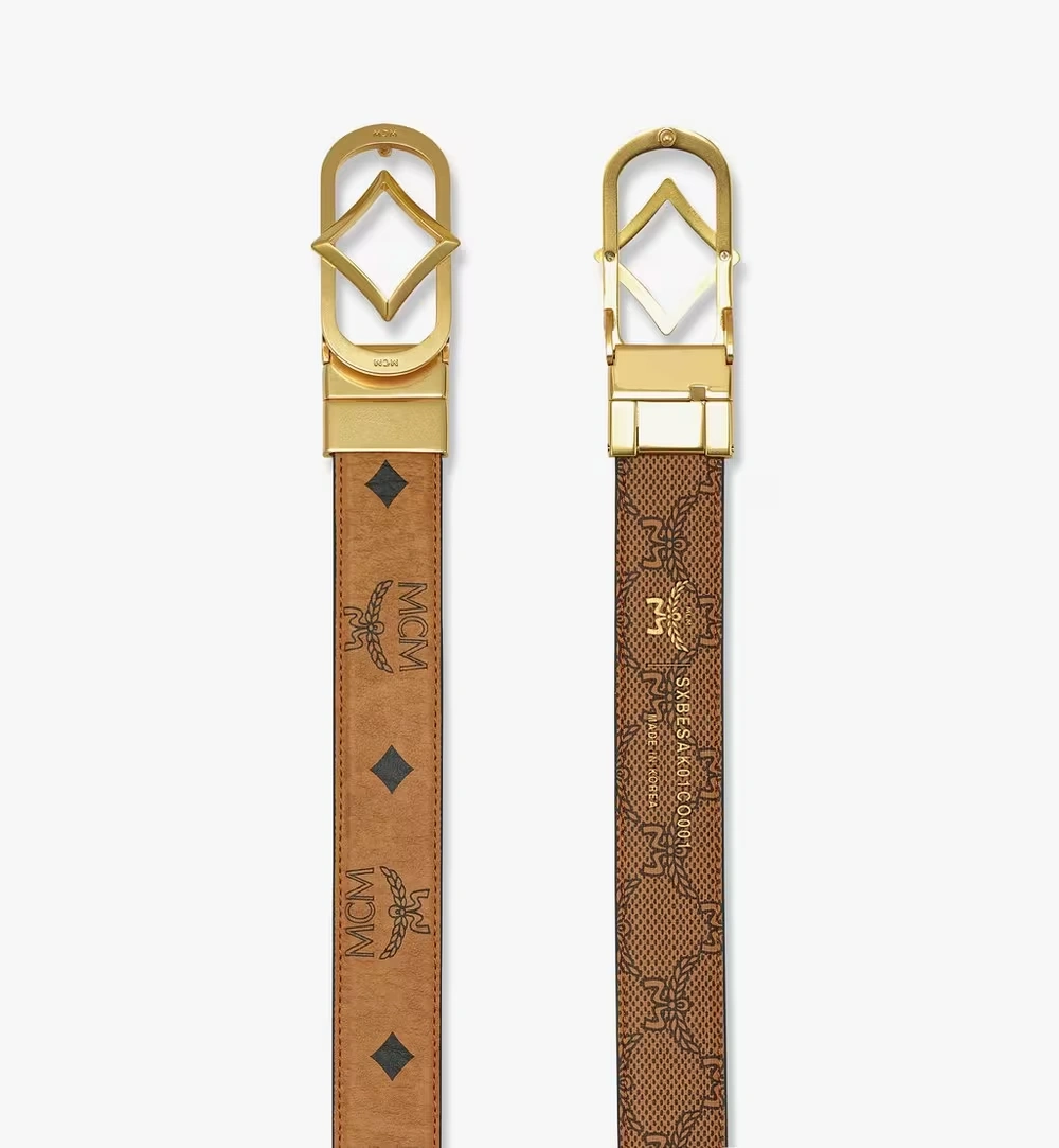 Adjustable Diamond Buckle Reversible Monogram Belt Cognac