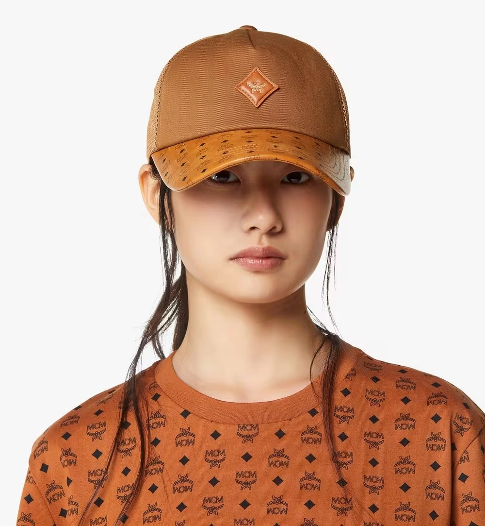 Mini Diamond Cap in Cotton and Monogram Print Leather Cognac