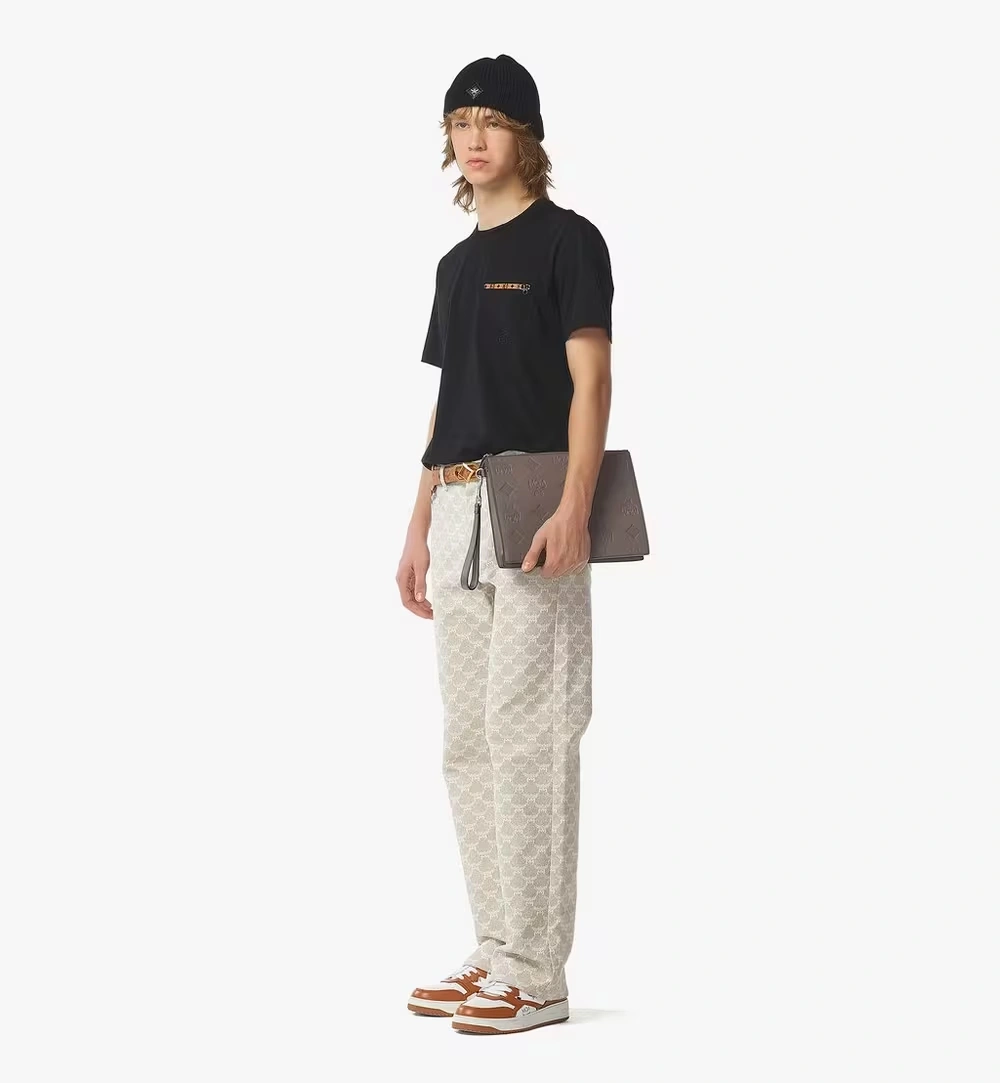 Medium Aren Wristlet Zip Pouch in Maxi Monogram Leather Grey