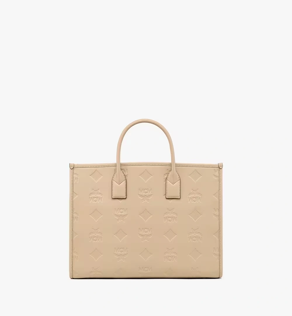 Large München Tote in Maxi Monogram Leather Beige